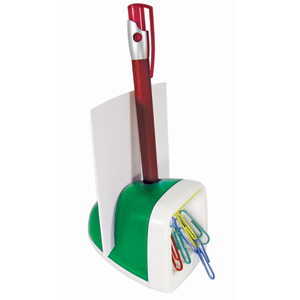 Мемо-холдер с подставкой для авторучки и магнитом для скрепок; зеленый с белым; 7,2х6,2х5,7 см; плас