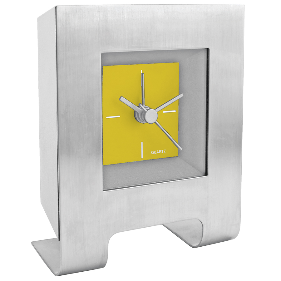 Часы настольные с будильником "Дизайн"; желтый; 8,5х4,5х11 см; металл, пластик; лазерная гравировка