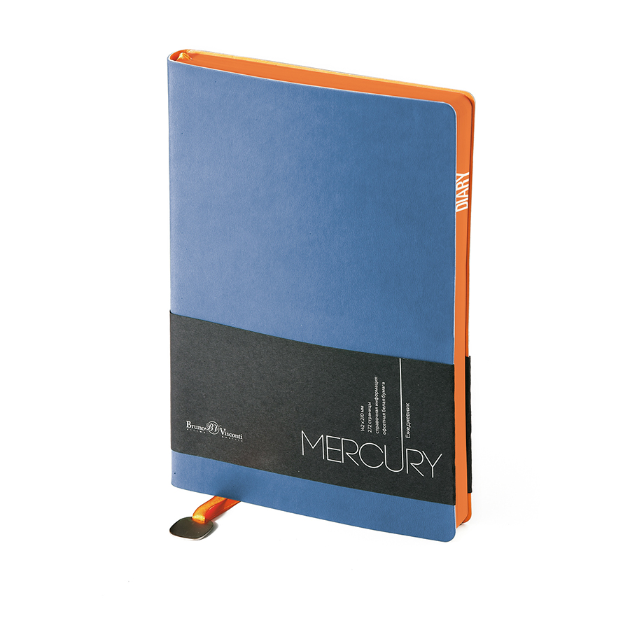 Ежедневник недатированный Mercury, синий, А5, белый блок, оранжевый обрез, ляссе с шильдом