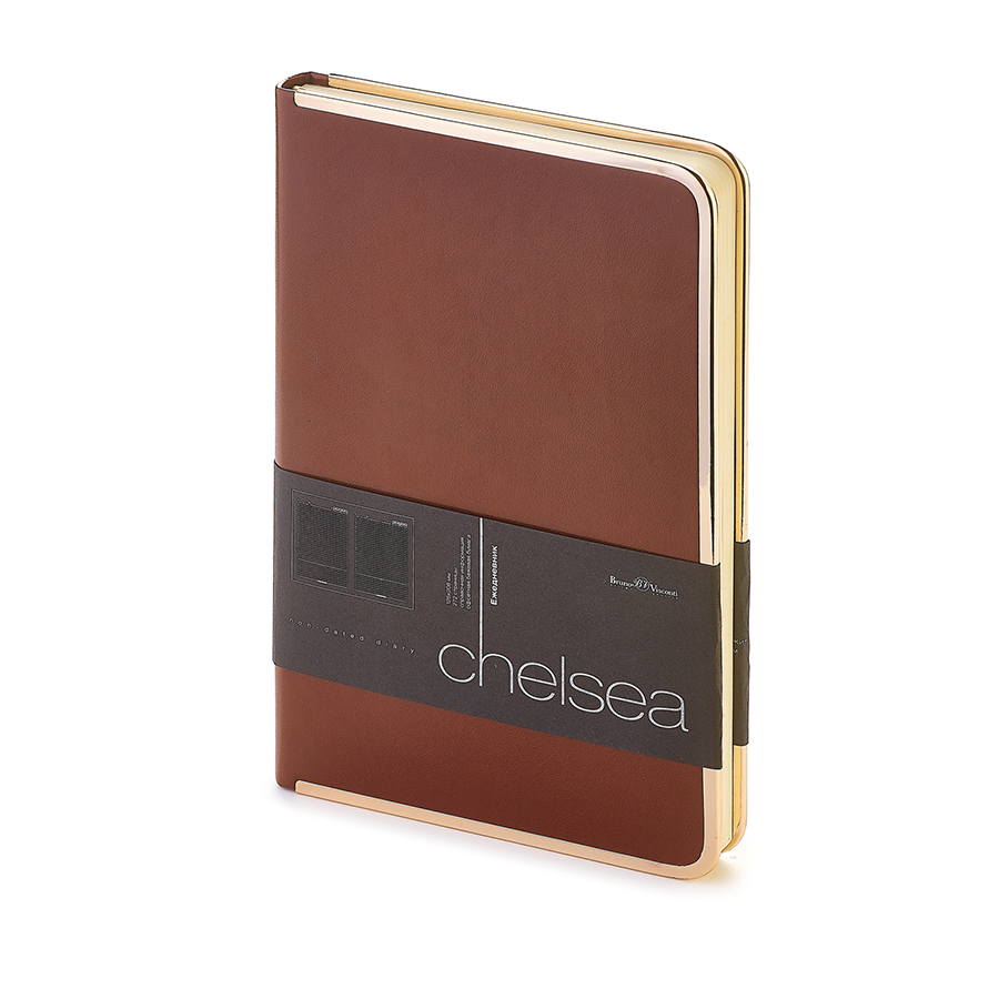Ежедневник недатированный Chelsea, А5, коричневый, бежевый блок, золотой обрез, ляссе