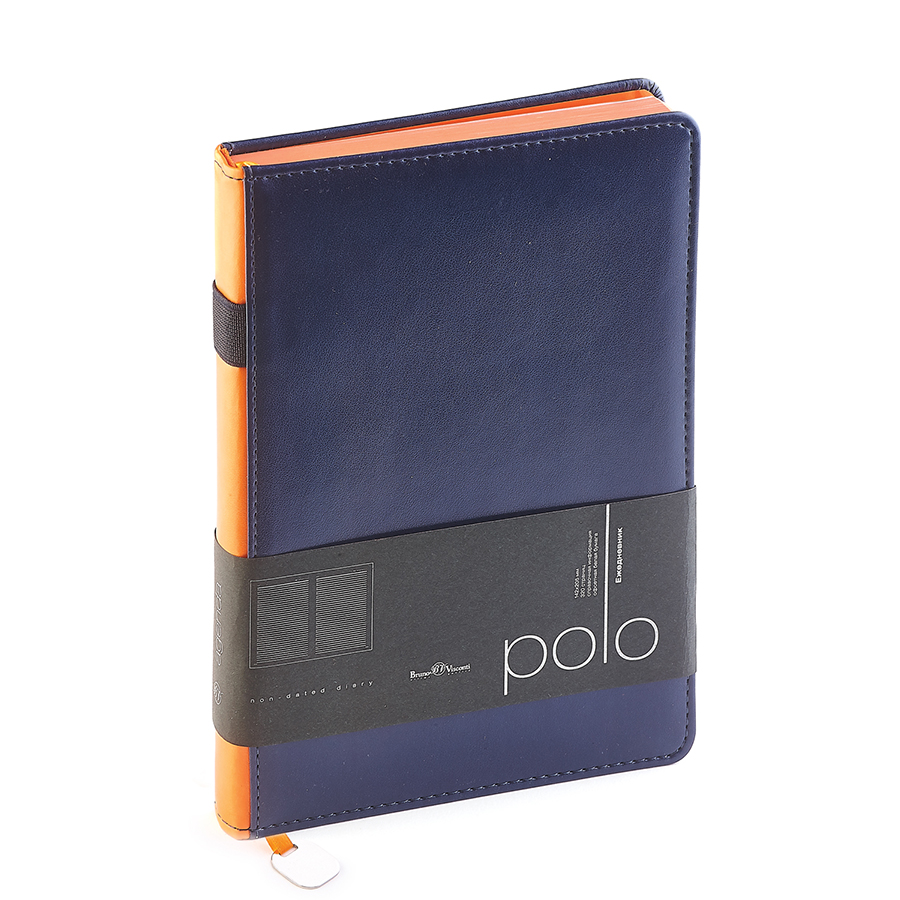 Ежедневник недатированный Polo, А5, синий, белый блок, оранжевый обрез, ляссе, шильд
