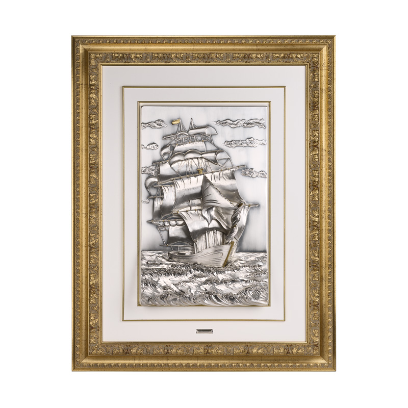 Картина "Корабль под парусами", цвет золотистый с серебром