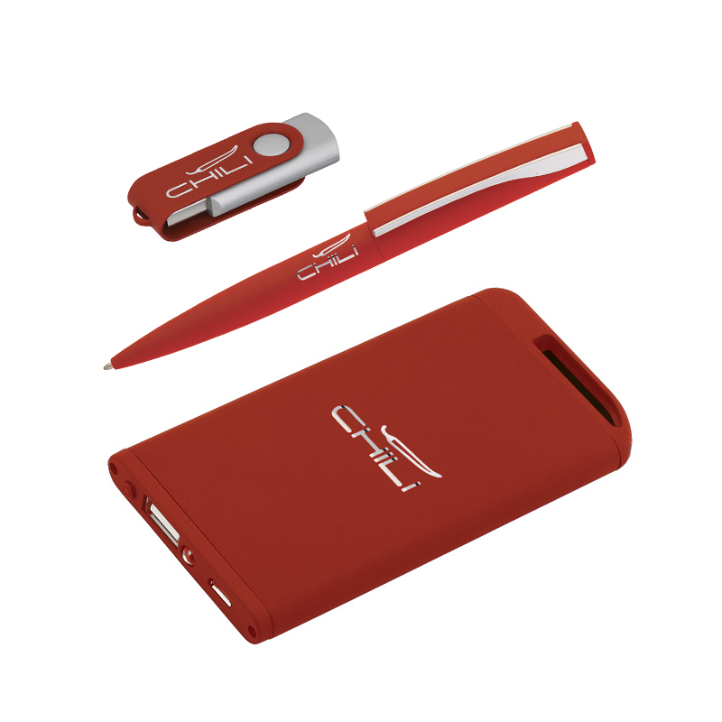 Набор ручка + флеш-карта 16Гб + зарядное устройство 4000 mAh в футляре, покрытие soft touch, цвет красный с серебристым