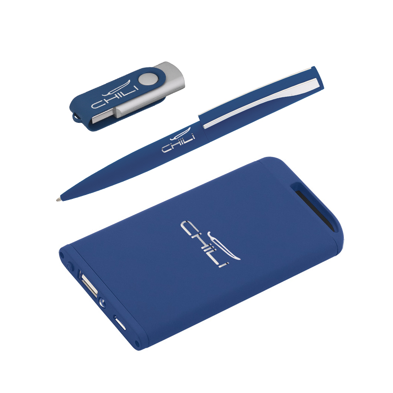 Набор ручка + флеш-карта 16Гб + зарядное устройство 4000 mAh в футляре, покрытие soft touch, цвет темно-синий с серебристым