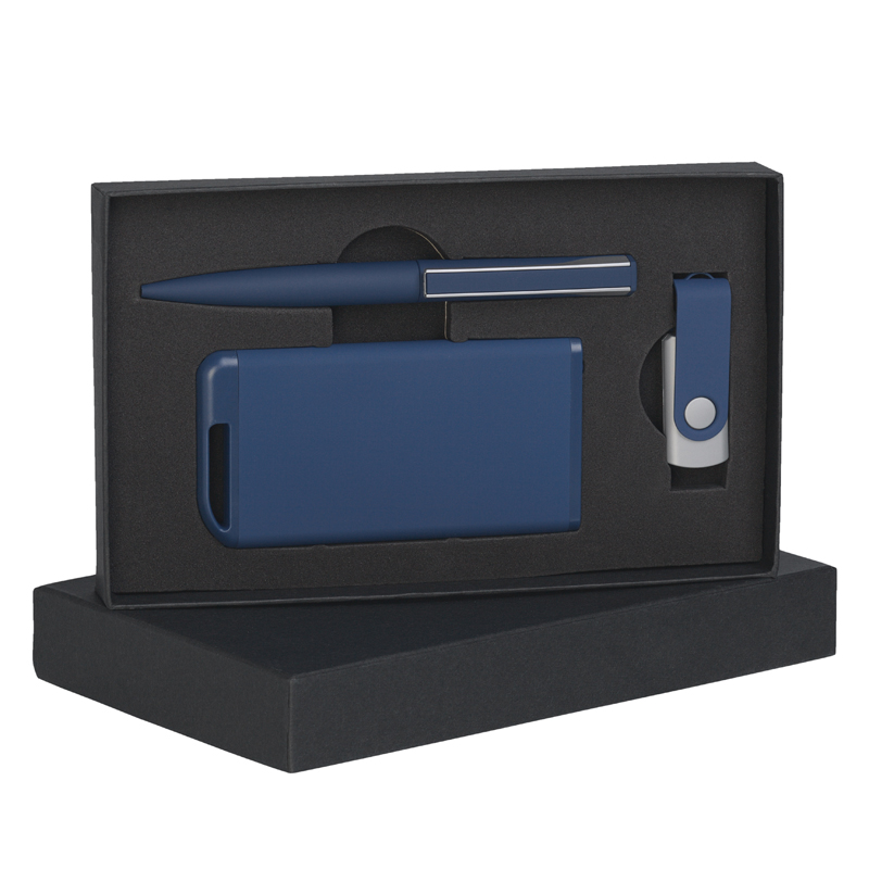 Набор ручка + флеш-карта 16Гб + зарядное устройство 4000 mAh, soft touch, цвет темно-синий с серебристым