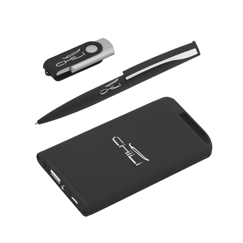 Набор ручка + флеш-карта 16Гб + зарядное устройство 4000 mAh в футляре, покрытие soft touch, цвет черный с серебристым