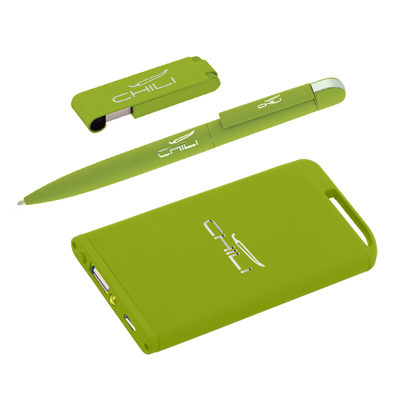 Набор ручка + флеш-карта 8Гб + зарядное устройство 4000 mAh в футляре, покрытие soft touch, цвет зеленое яблоко
