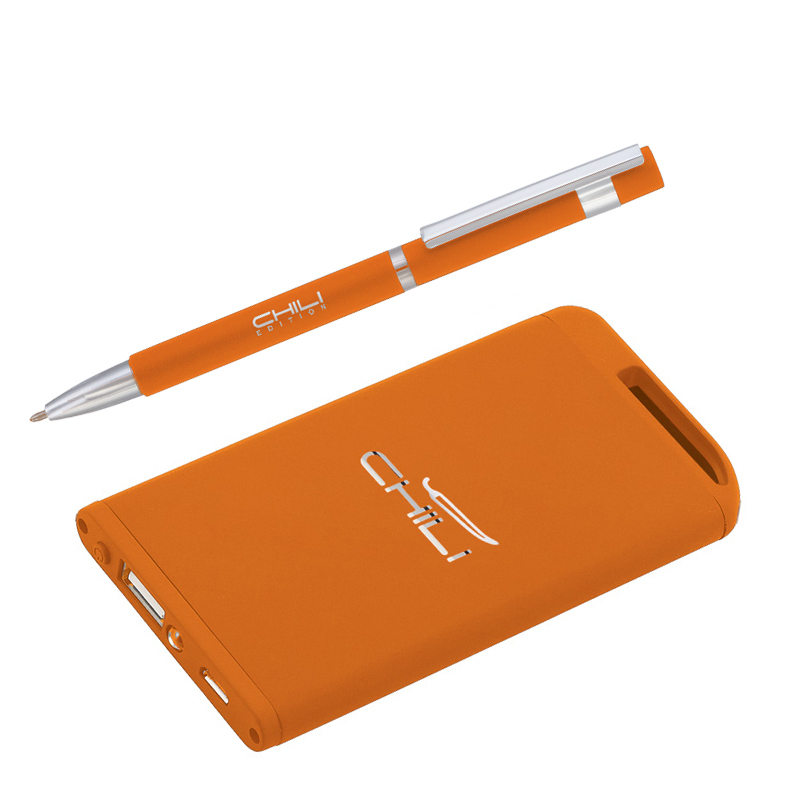 Набор ручка + зарядное устройство 4000 mAh в футляре, покрытие soft touch, цвет оранжевый