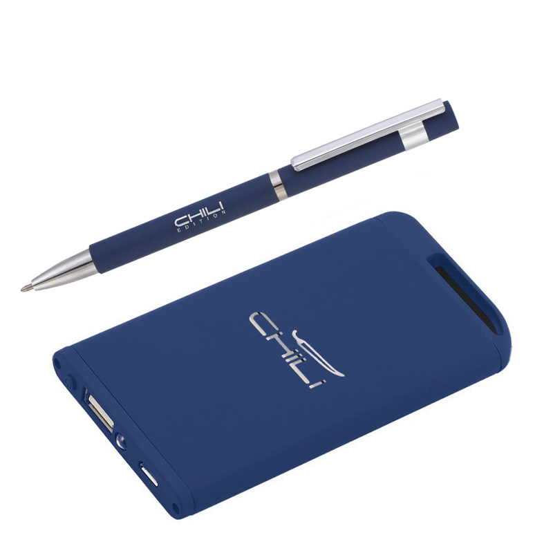 Набор ручка + зарядное устройство 4000 mAh в футляре, покрытие soft touch, цвет темно-синий