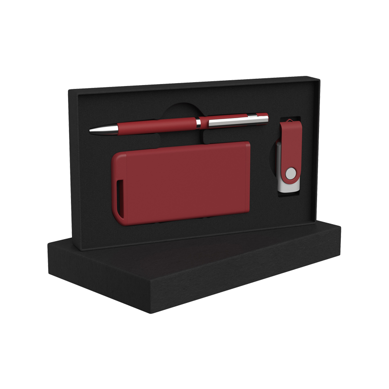 Набор ручка + флеш-карта 16Гб + зарядное устройство 4000 mAh в футляре, soft touch, цвет красный