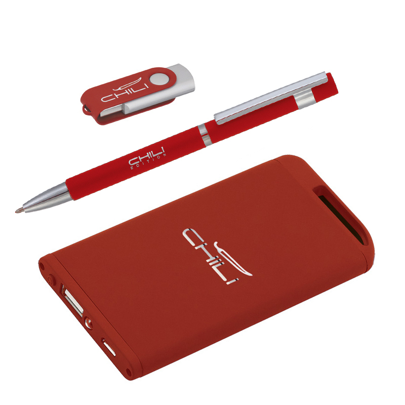 Набор ручка + флеш-карта 8Гб + зарядное устройство 4000 mAh в футляре, soft touch, цвет красный