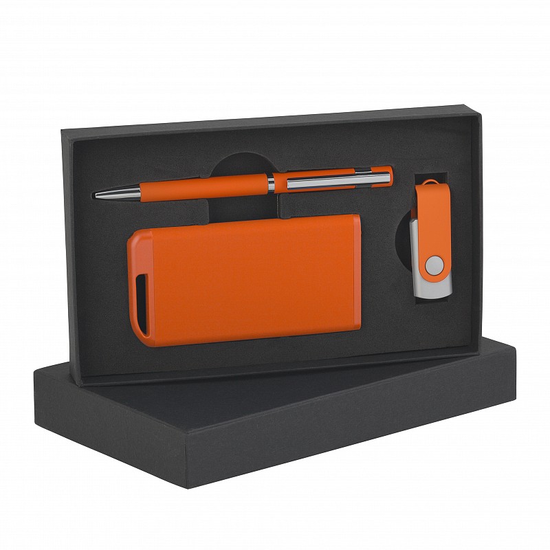 Набор ручка + флеш-карта 8Гб + зарядное устройство 4000 mAh в футляре, soft touch, цвет оранжевый