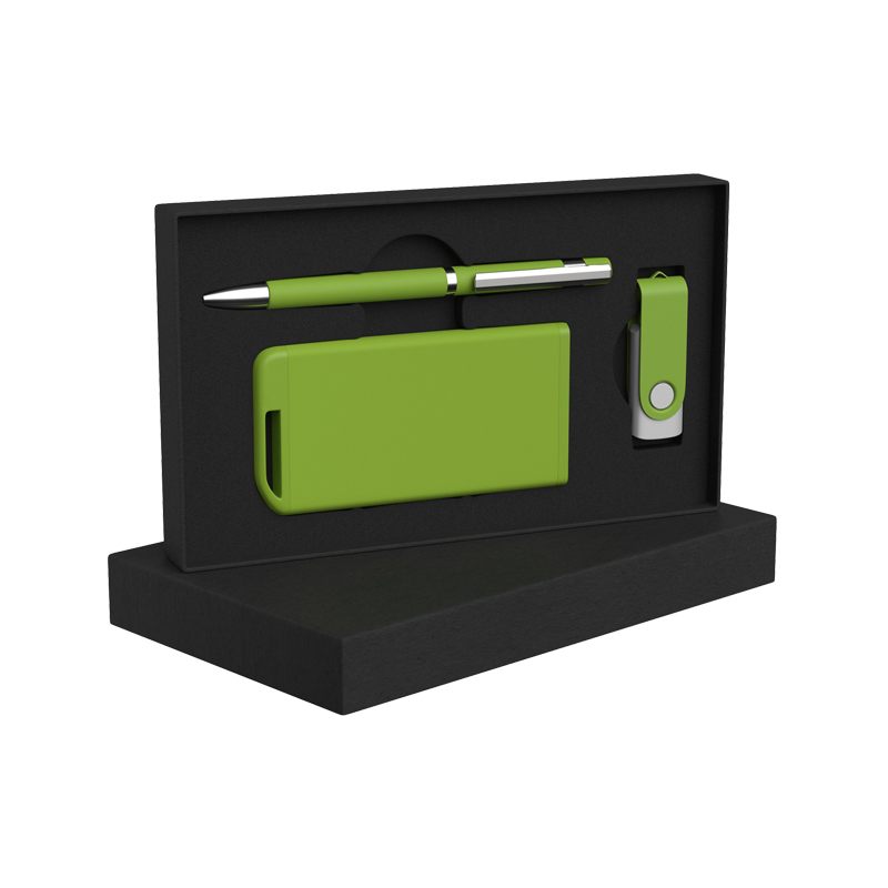 Набор ручка + флеш-карта 16Гб + зарядное устройство 4000 mAh в футляре, soft touch, цвет зеленое яблоко