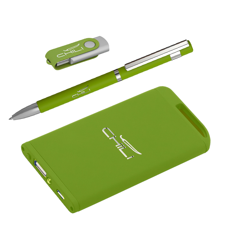 Набор ручка + флеш-карта 16Гб + зарядное устройство 4000 mAh в футляре, soft touch, цвет зеленое яблоко