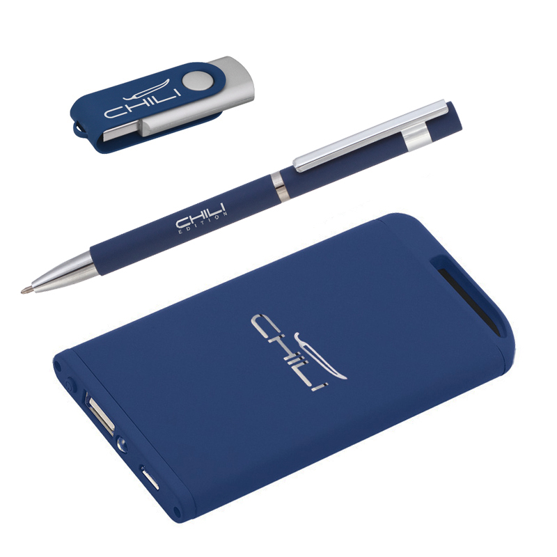 Набор ручка + флеш-карта 8Гб + зарядное устройство 4000 mAh в футляре, soft touch, цвет темно-синий