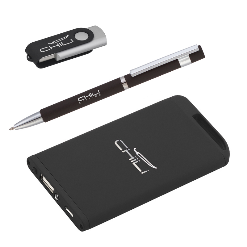 Набор ручка + флеш-карта 8Гб + зарядное устройство 4000 mAh в футляре, soft touch, цвет черный