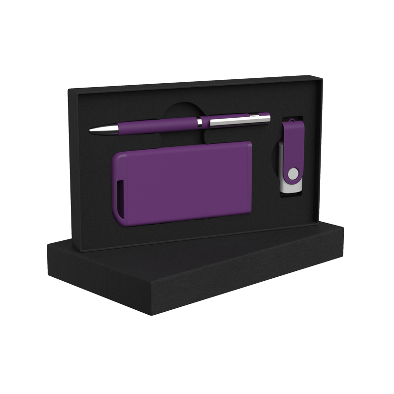 Набор ручка + флеш-карта 16Гб + зарядное устройство 4000 mAh в футляре, soft touch, цвет фиолетовый