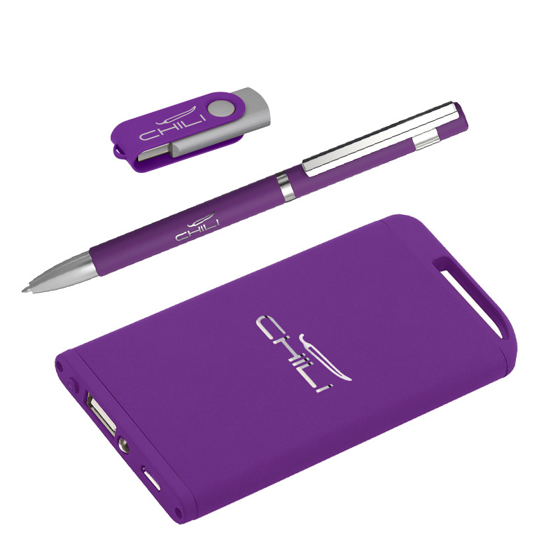 Набор ручка + флеш-карта 16Гб + зарядное устройство 4000 mAh в футляре, soft touch, цвет фиолетовый