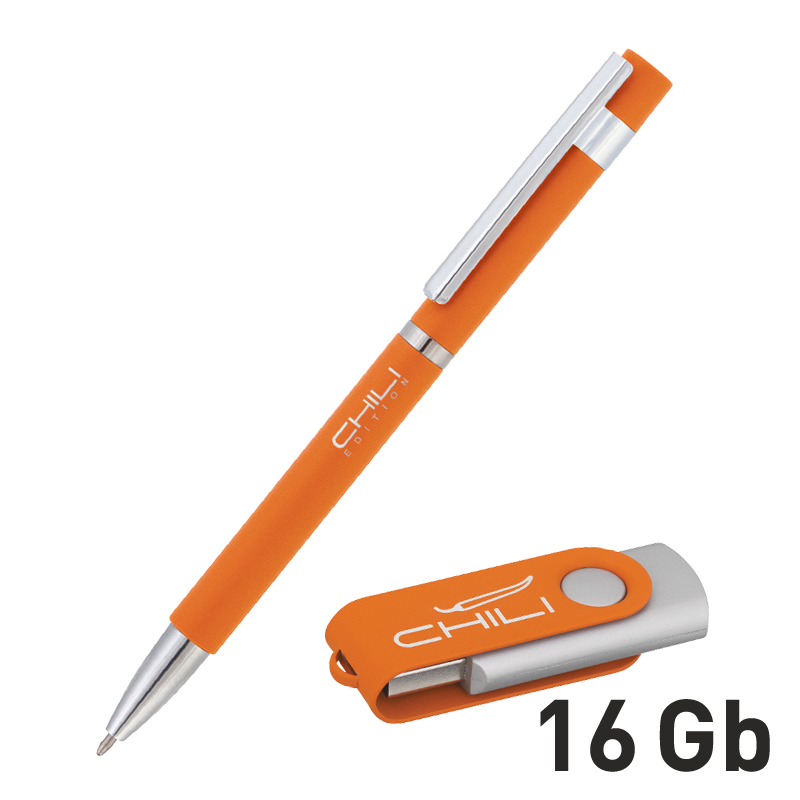 Набор ручка + флеш-карта 16 Гб в футляре, покрытие soft touch, цвет оранжевый