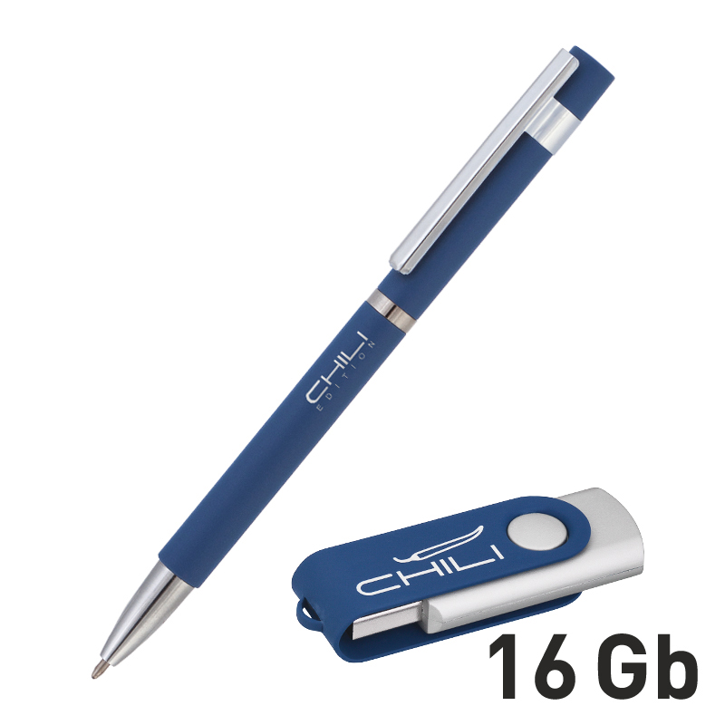 Набор ручка + флеш-карта 16 Гб в футляре, покрытие soft touch, цвет темно-синий