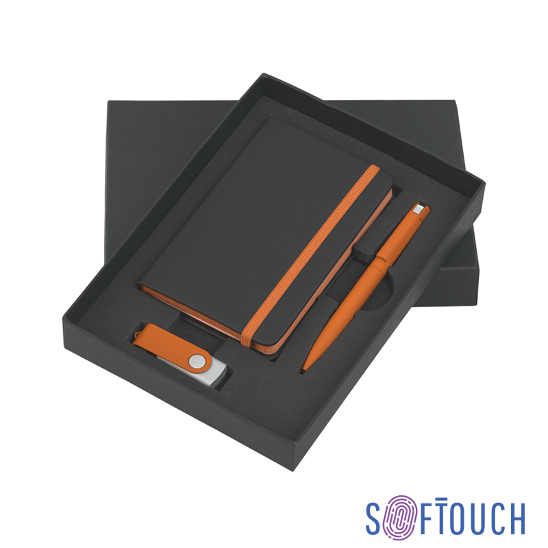 Подарочный набор "Пьемонт", покрытие soft touch, цвет черный с оранжевым