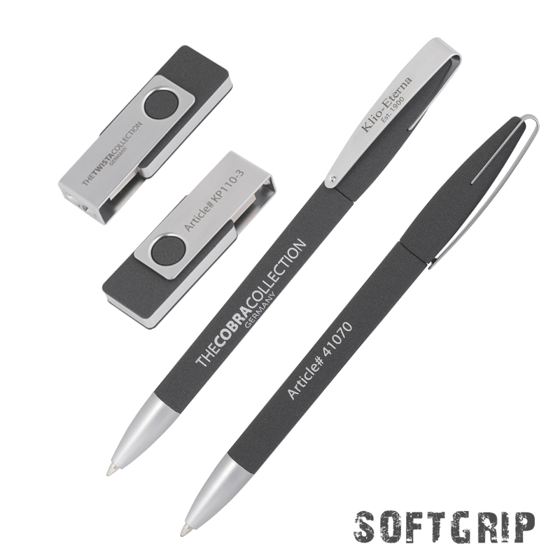 Oбразец набора ручка COBRA Softgrip MM + флешка TWISTAsoftgrip MS (0Гб) в футляре, цвет черный