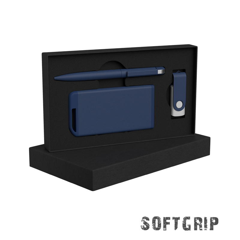 Набор ручка + флеш-карта 16Гб + зарядное устройство 4000 mAh в футляре, softgrip, цвет темно-синий