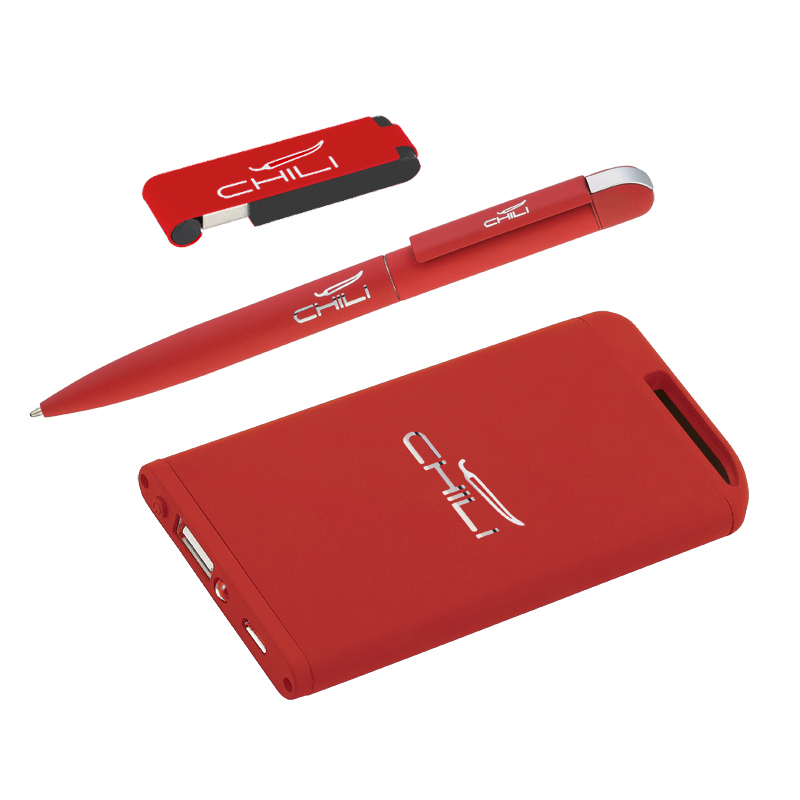 Набор ручка "Jupiter" + флеш-карта "Case" 8 Гб + зарядник "Theta" 4000 mAh в футляре, цвет красный с белым