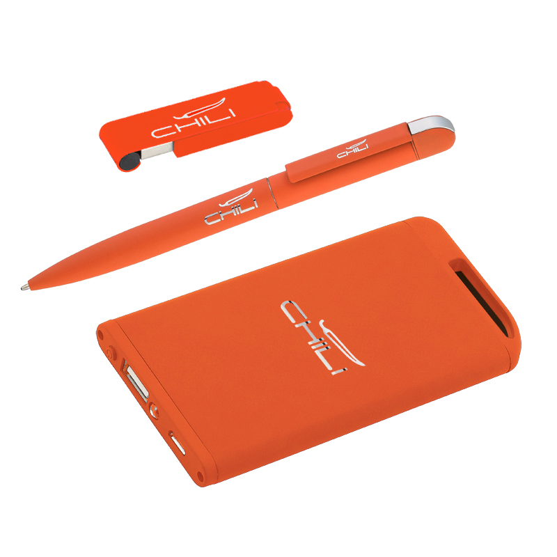 Набор ручка "Jupiter" + флеш-карта "Case" 8 Гб + зарядник "Theta" 4000 mAh в футляре, цвет оранжевый с белым