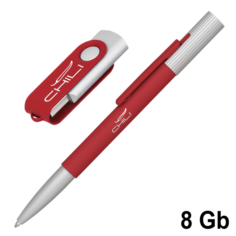 Набор ручка "Clas" + флеш-карта "Vostok" 8 Гб в футляре, покрытие soft touch, цвет красный