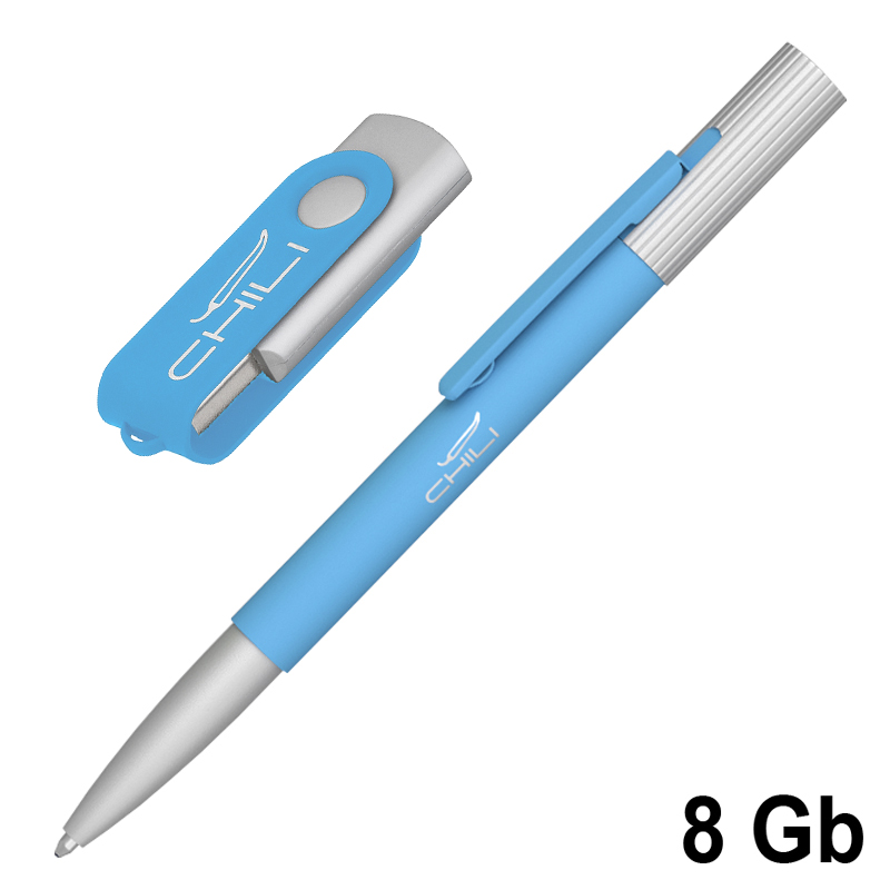 Набор ручка "Clas" + флеш-карта "Vostok" 8 Гб в футляре, покрытие soft touch, цвет голубой