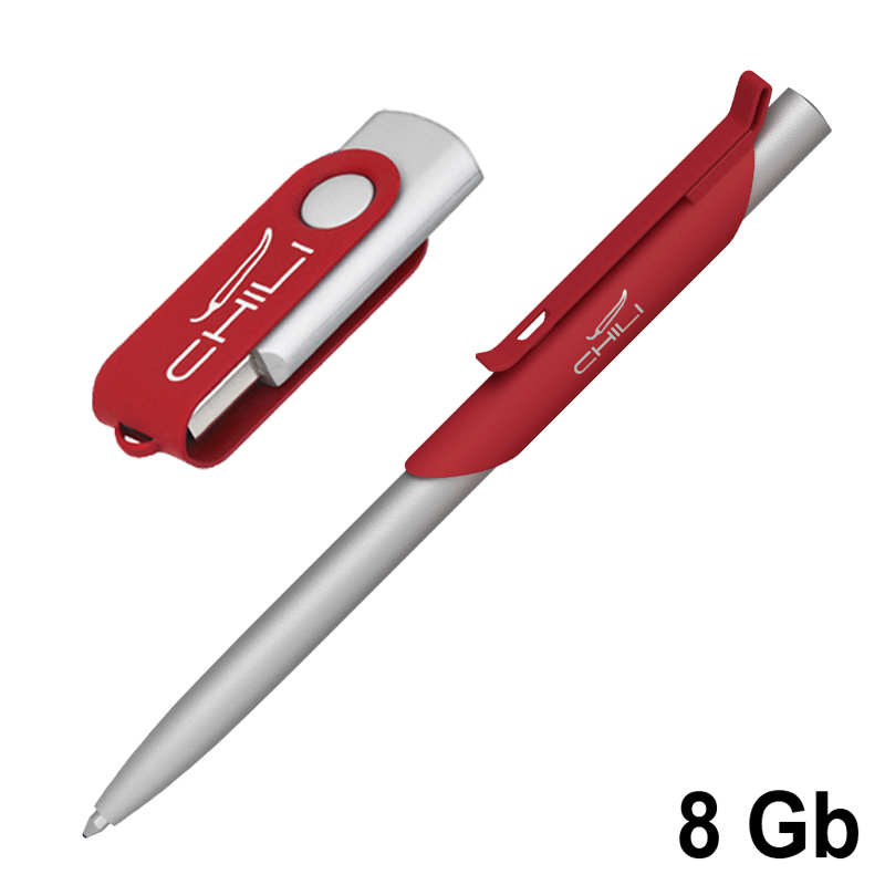 Набор ручка "Skil" + флеш-карта "Vostok" 16 Гб в футляре, покрытие soft touch, цвет красный