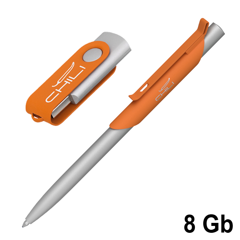 Набор ручка "Skil" + флеш-карта "Vostok" 16 Гб в футляре, покрытие soft touch, цвет оранжевый