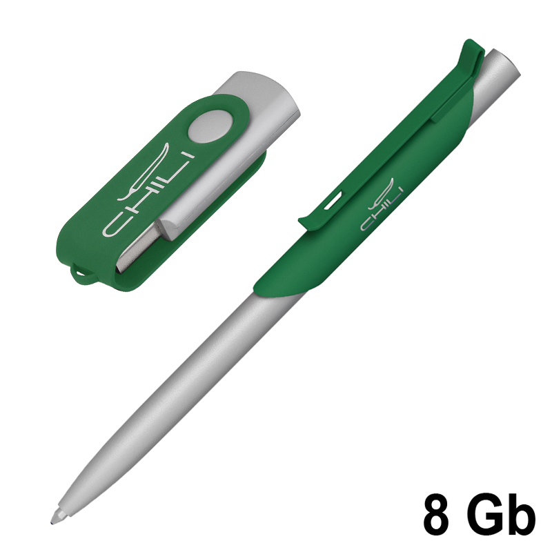 Набор ручка "Skil" + флеш-карта "Vostok" 8 Гб в футляре, покрытие soft touch, цвет темно-зеленый