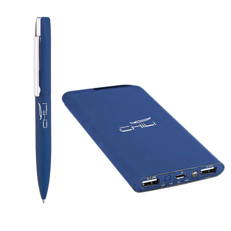 Набор ручка "Mercury" + зарядник "Theta" 6000 mAh в футляре, покрытие soft touch, цвет темно-синий с белым