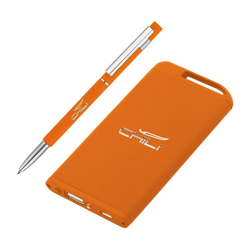 Набор ручка "Star" + зарядник "Theta" 4000 mAh в футляре, покрытие soft touch, цвет оранжевый с белым