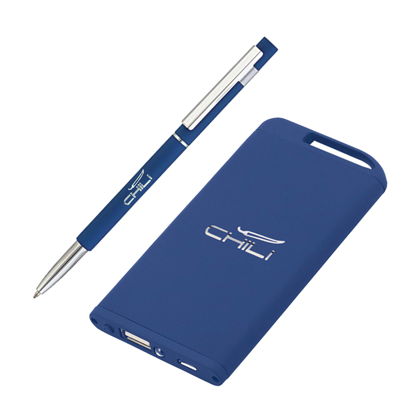 Набор ручка "Star" + зарядник "Theta" 4000 mAh в футляре, покрытие soft touch, цвет темно-синий с белым