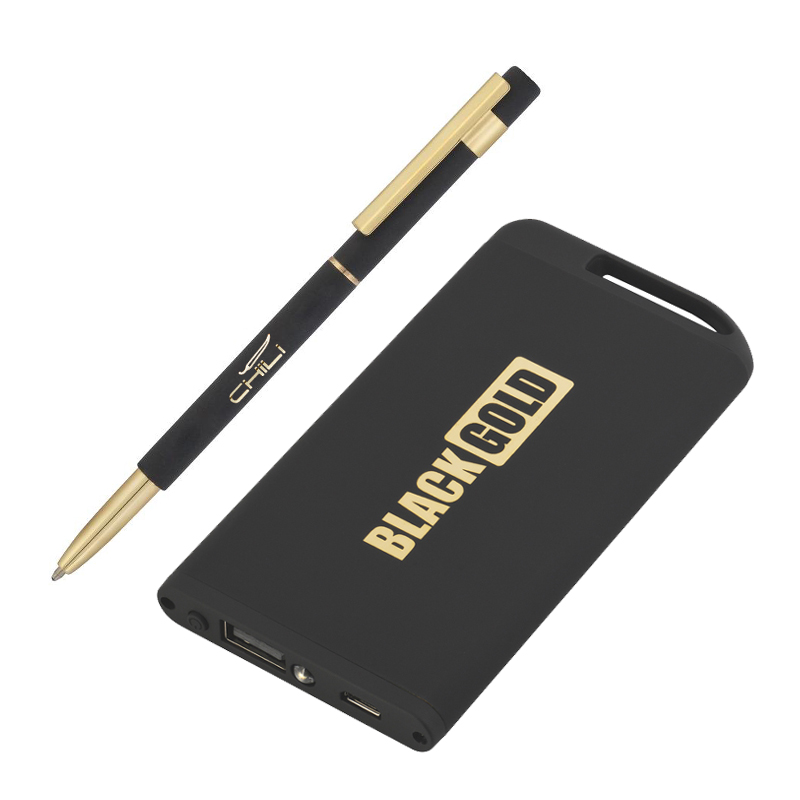 Набор ручка "Star" + зарядник "Theta" 4000 mAh в футляре, покрытие soft touch, цвет черный с золотом