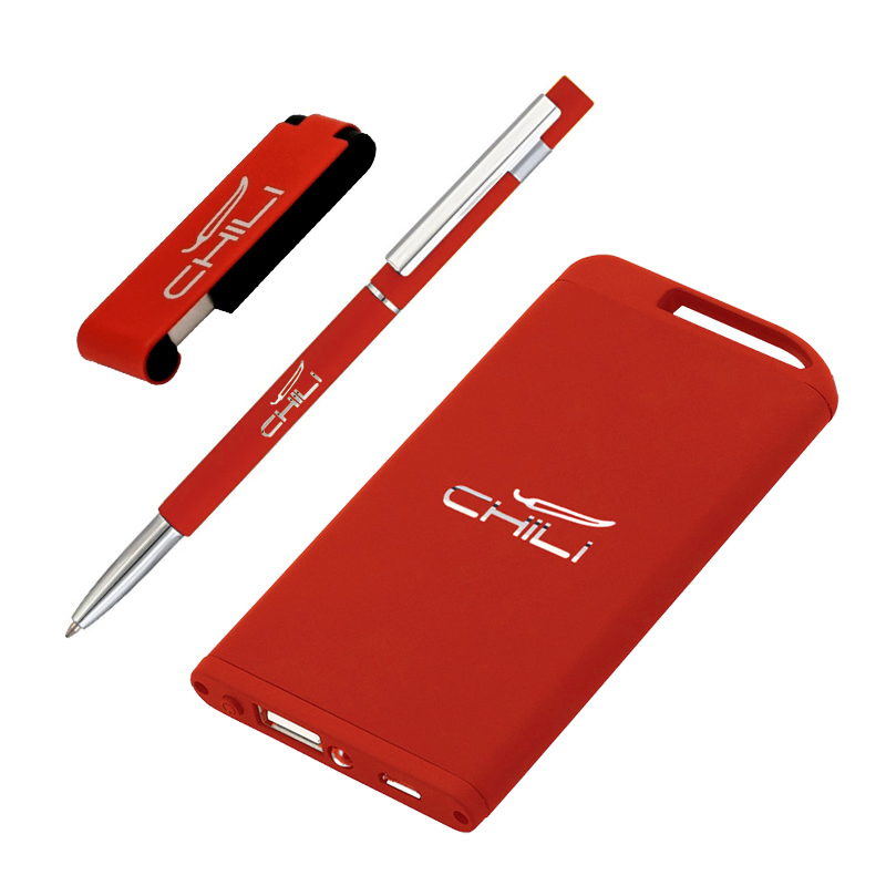 Набор ручка "Star" + флешка "Case" 8 Гб + зарядник "Theta" 4000 mAh в футляре, покрытие soft touch, цвет красный с белым