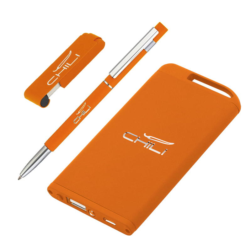 Набор ручка "Star" + флешка "Case" 8 Гб + зарядник "Theta" 4000 mAh в футляре, покрытие soft touch, цвет оранжевый с белым