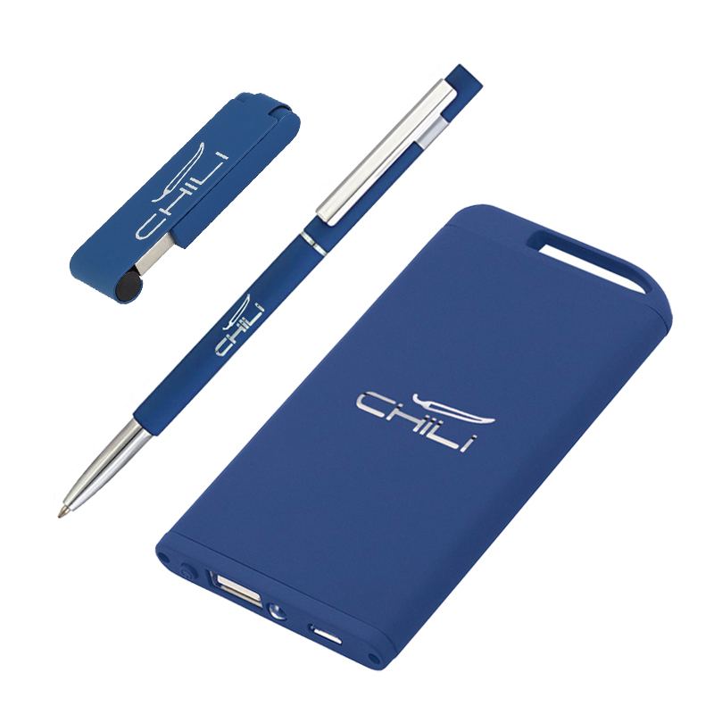 Набор ручка "Star" + флешка "Case" 8 Гб + зарядник "Theta" 4000 mAh в футляре, покрытие soft touch, цвет темно-синий с белым
