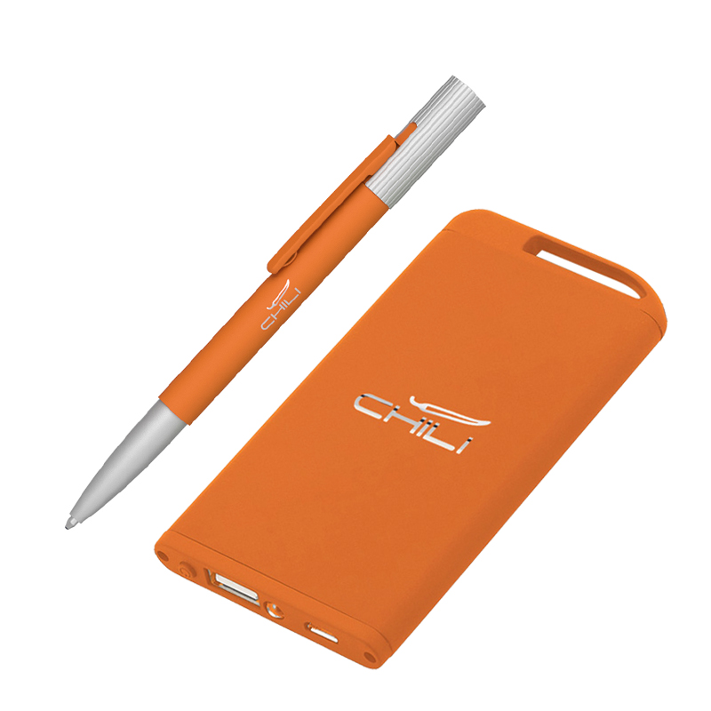 Набор ручка "Clas" + зарядное устройство 4000 mAh в футляре, покрытие soft touch, цвет оранжевый