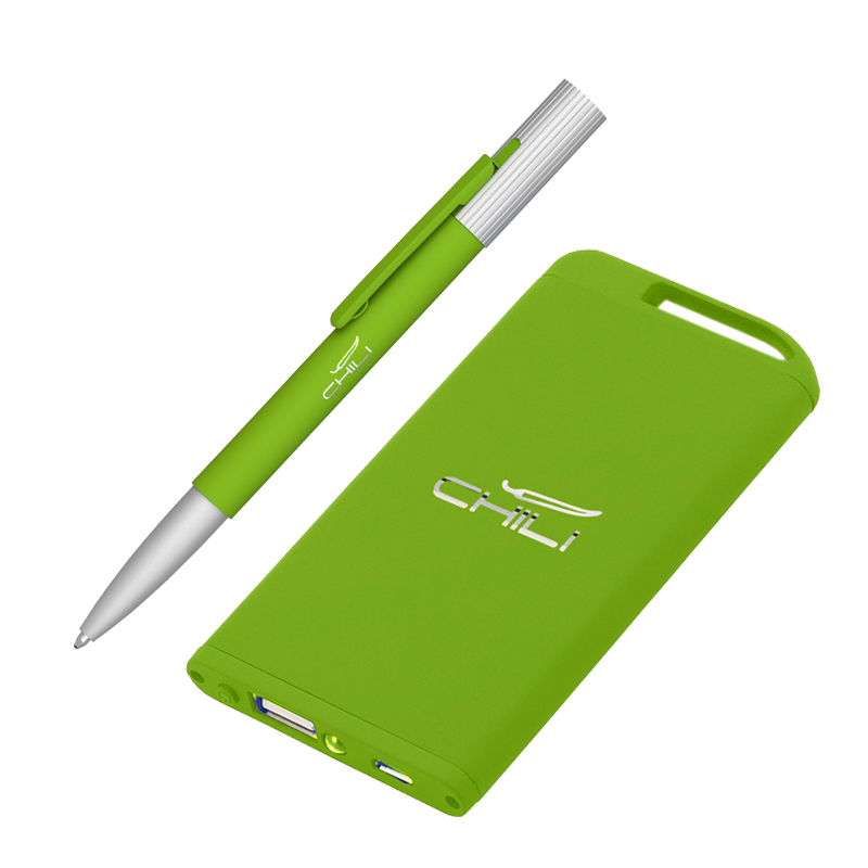Набор ручка "Clas" + зарядное устройство 4000 mAh в футляре, покрытие soft touch, цвет зеленое яблоко