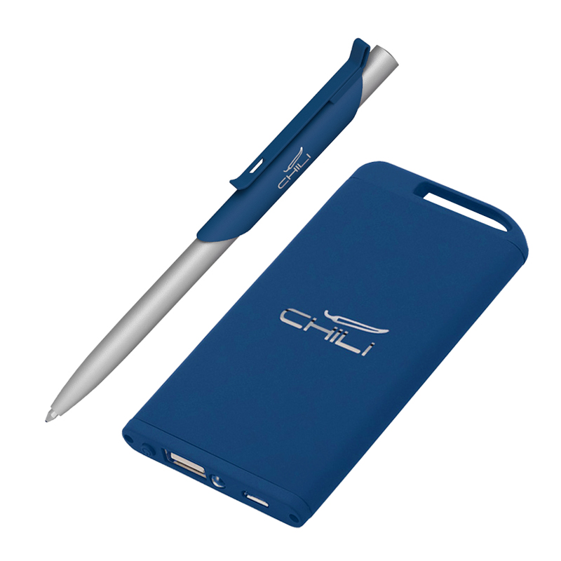Набор ручка "Skil" + зарядное устройство 4000 mAh в футляре, покрытие soft touch, цвет темно-синий