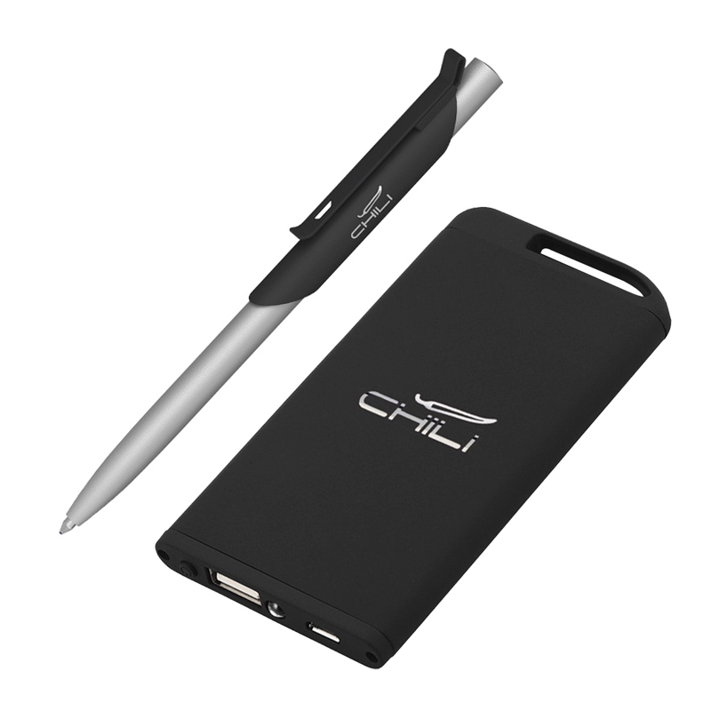 Набор ручка "Skil" + зарядное устройство 4000 mAh в футляре, покрытие soft touch, цвет черный