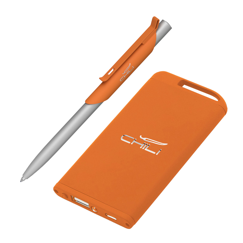 Набор ручка "Skil" + зарядное устройство 4000 mAh в футляре, покрытие soft touch, цвет оранжевый