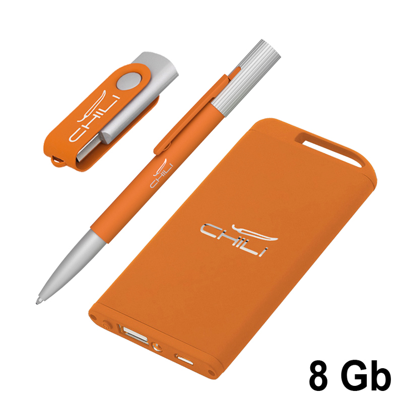 Набор ручка "Clas" + флеш-карта "Vostok" 16Гб + зарядное устройство "Theta" 4000 mAh в футляре, цвет оранжевый