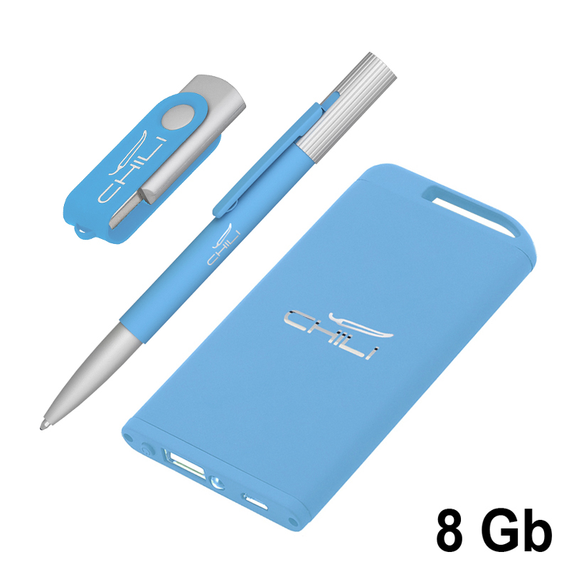 Набор ручка "Clas" + флеш-карта "Vostok" 16Гб + зарядное устройство "Theta" 4000 mAh в футляре, цвет голубой