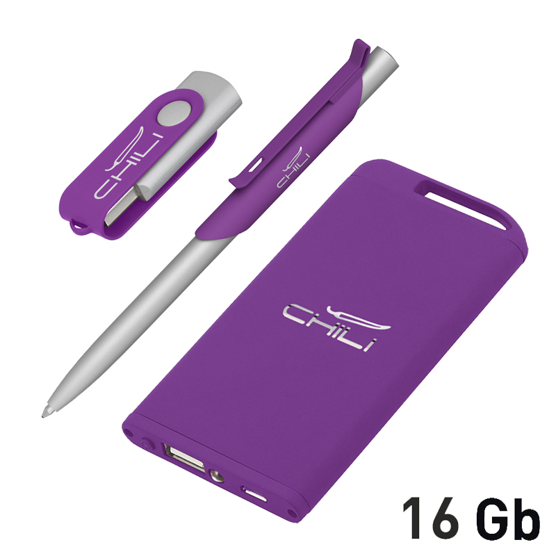 Набор ручка "Skil" + флеш-карта "Vostok" 16Гб + зарядное устройство "Theta" 4000 mAh в футляре, цвет фиолетовый