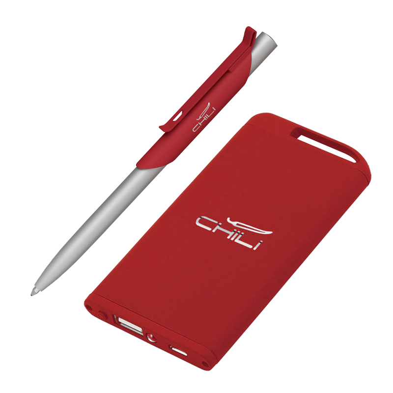 Набор ручка "Skil" + зарядное устройство 4000 mAh в футляре, покрытие soft touch, цвет красный